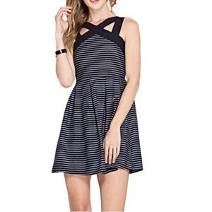 She + Sky Black and White Striped Crisscross Neck Mini Dress